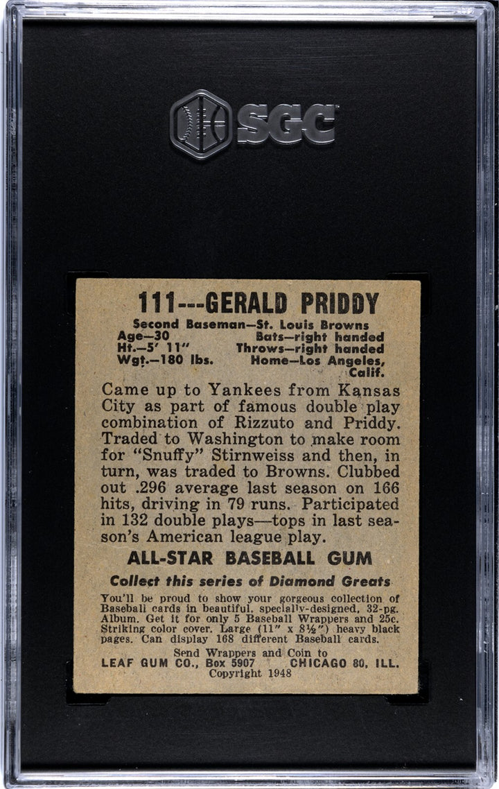 Gerald/Jerry Priddy 1948-49 Leaf Gum Co Card #111 St Louis - SGC Graded 3.5 VG+
