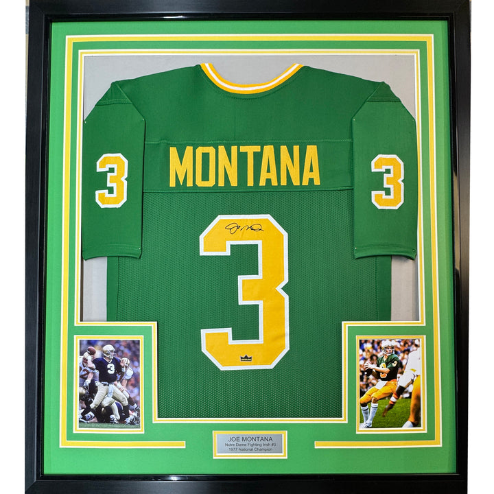 Framed Facsimile Autographed Joe Montana 33x42 Green Reprint Laser Auto Jersey
