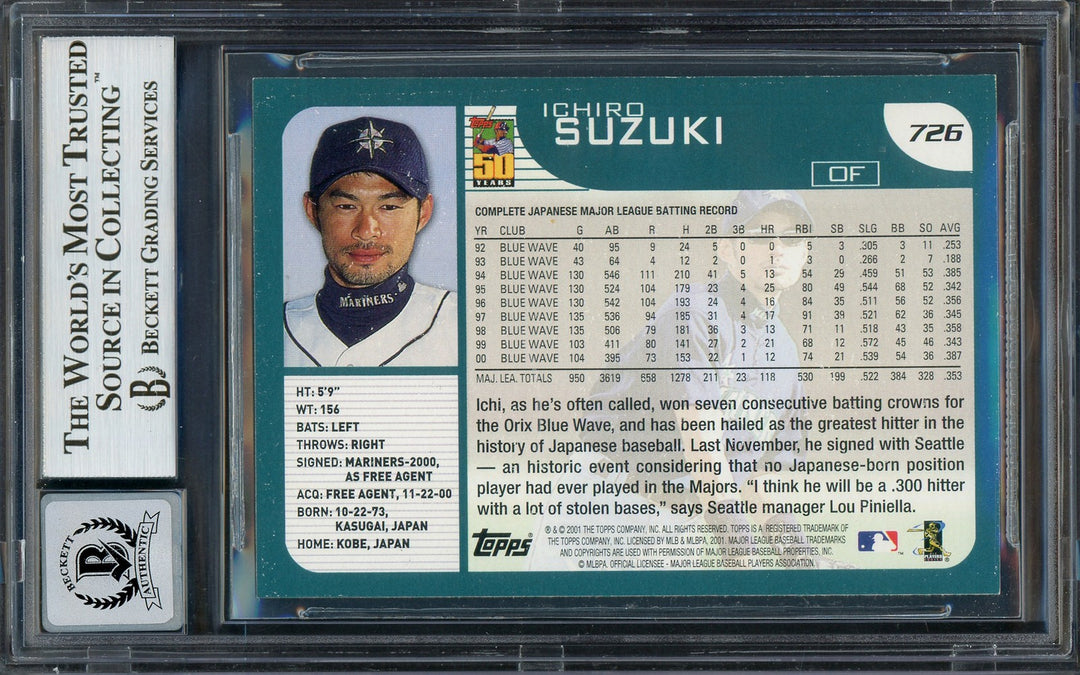 Ichiro Suzuki Auto 2001 Topps RC 726 Mariners Auto GM 10 (Off Condition) Beckett