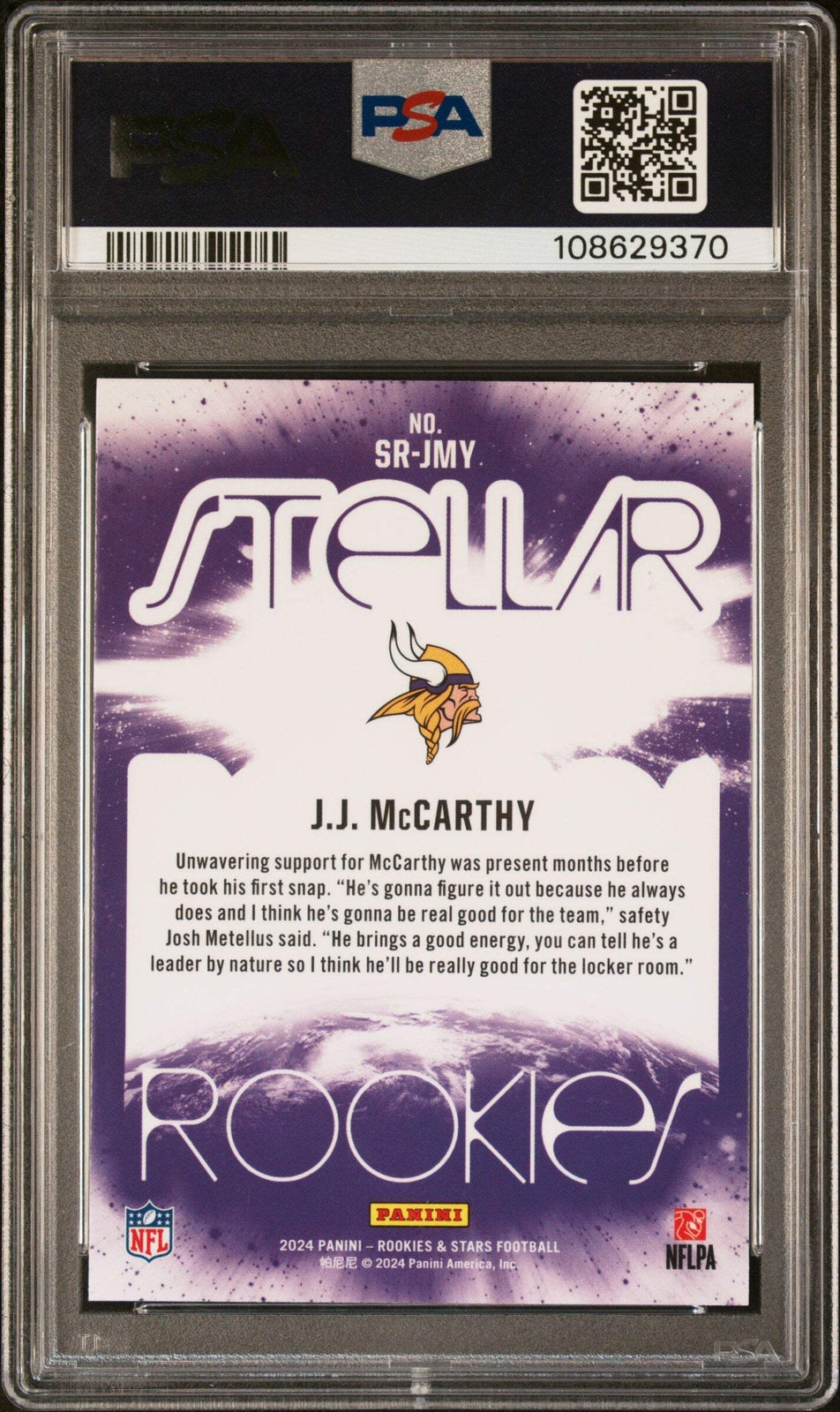 Graded 2024 Panini R&S JJ McCarthy #SRJMY Stellar Rookies Football Card PSA 10