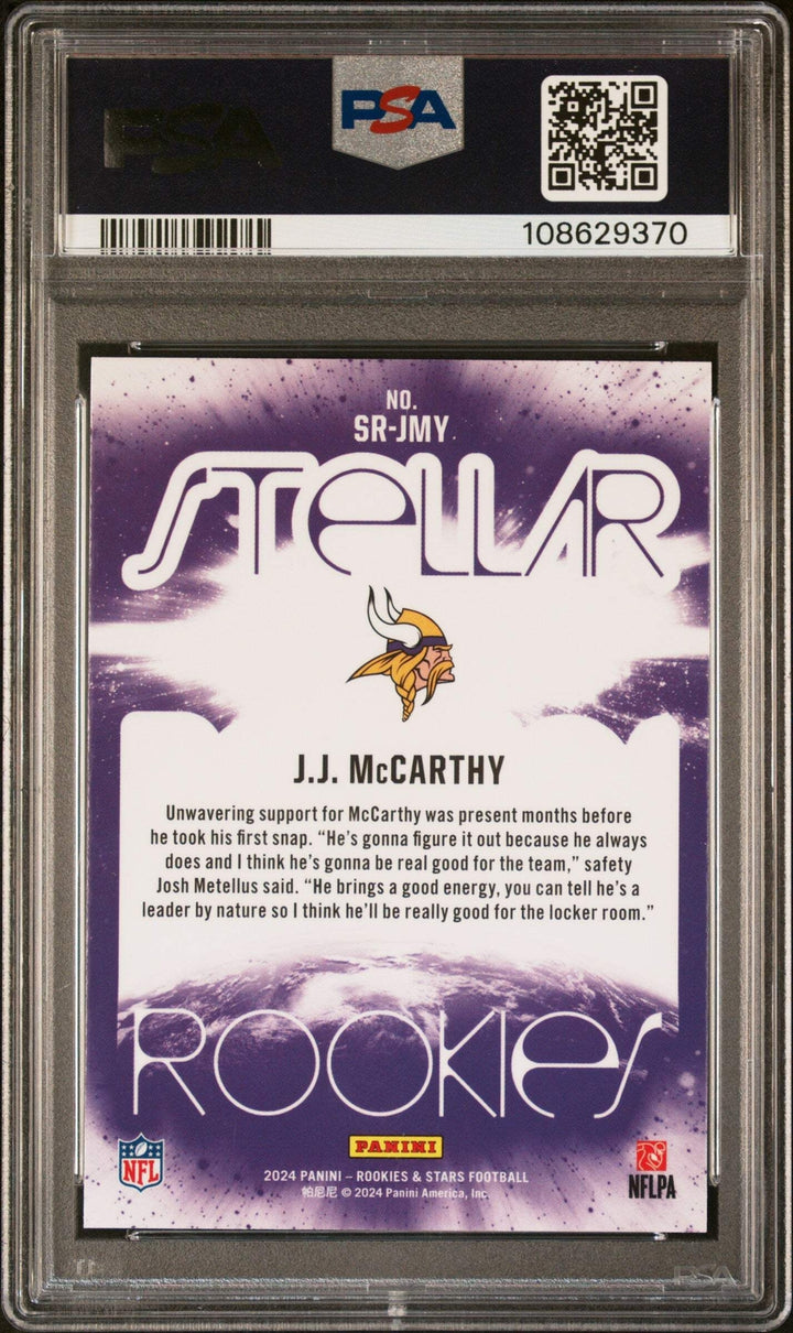 Graded 2024 Panini R&S JJ McCarthy #SRJMY Stellar Rookies Football Card PSA 10