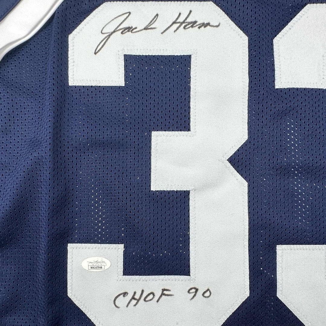 Framed Autographed/Signed Jack Ham 33x42 CHOF 90 Penn State Blue Jersey JSA COA