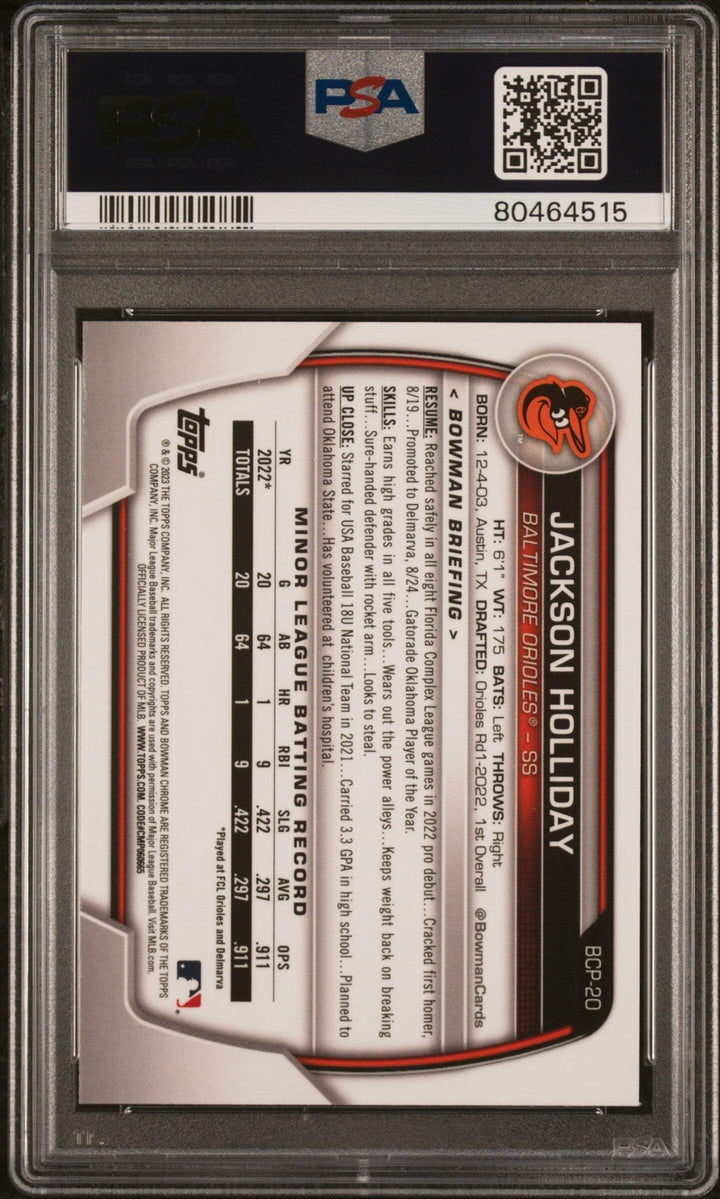 Graded 2023 Bowman Jackson Holliday #BCP20 Chrome Prospects Baseball Card PSA 10