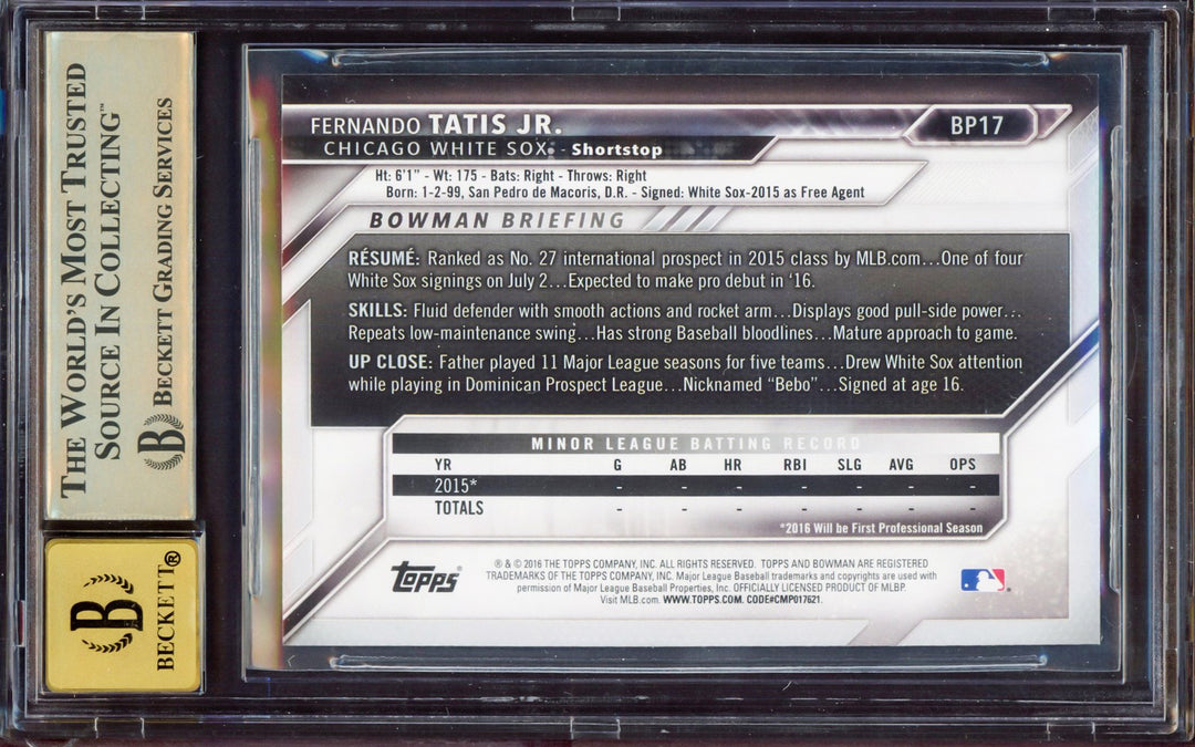 Fernando Tatis Jr Signed 2016 Bowman Prospect RC BP17 BGS 9.5 Sig 10 Beckett