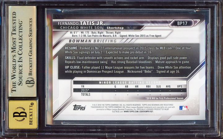Fernando Tatis Jr Signed 2016 Bowman Prospect RC BP17 BGS 9.5 Sig 10 Beckett