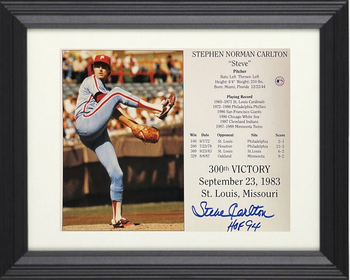 Steve Carlton signed Phillies 300th Victory 8x10 Photo/Card HOF 94 Framed- COA