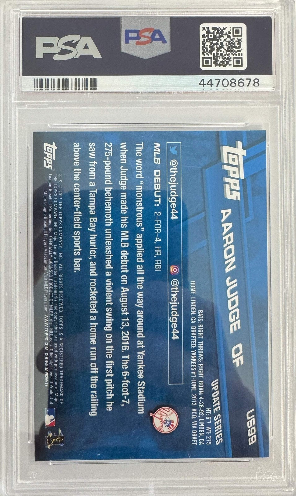 Graded 2017 Topps Update Aaron Judge #US99 Rookie Debut RC Card PSA 10 Gem Mint