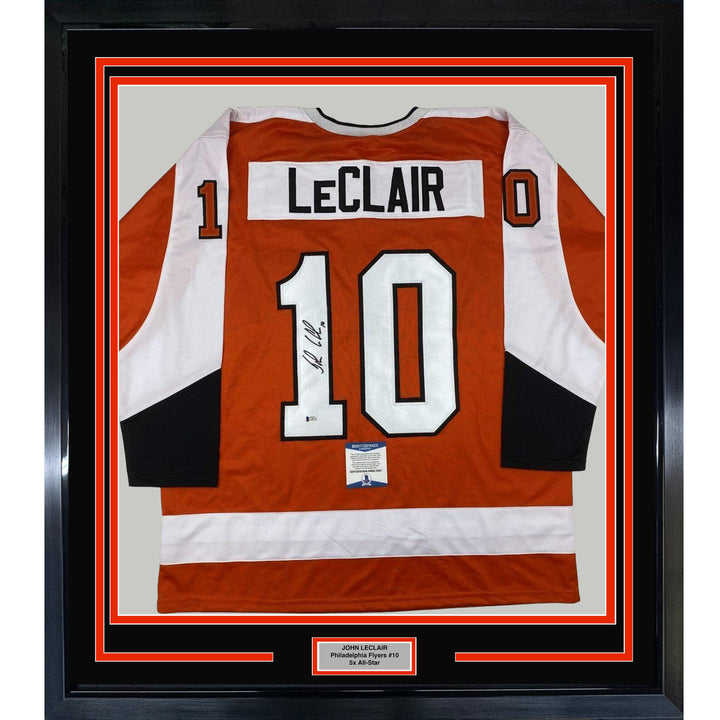 Framed Autographed/Signed John LeClair 35x39 Orange Jersey Beckett BAS COA
