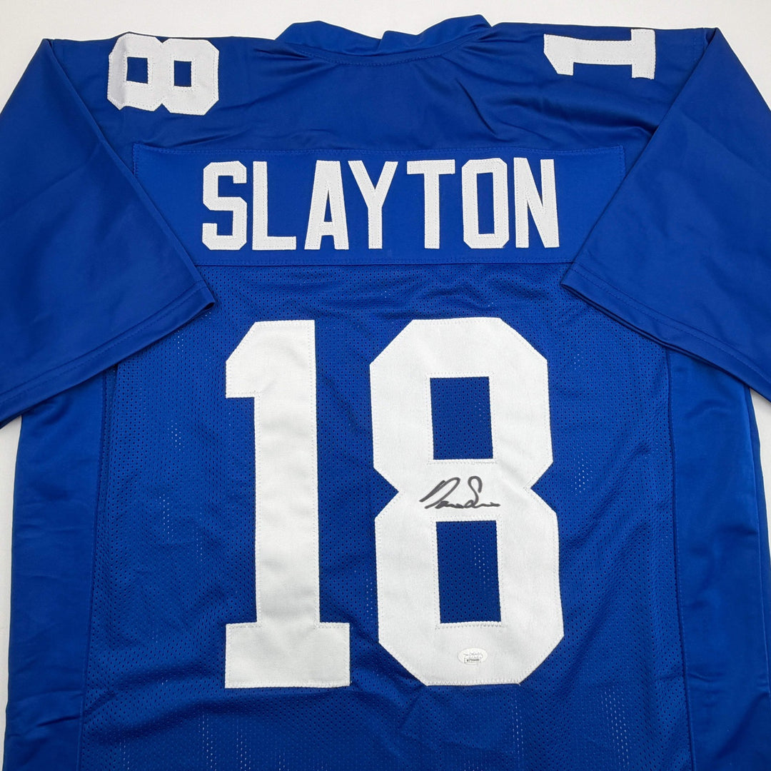 Autographed/Signed DARIUS SLAYTON New York Blue Football Jersey JSA COA Auto