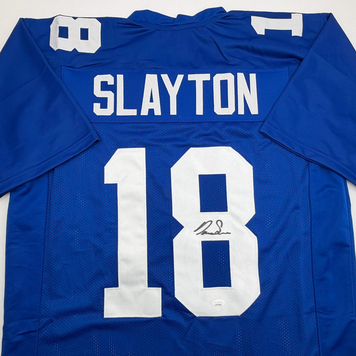 Autographed/Signed DARIUS SLAYTON New York Blue Football Jersey JSA COA Auto