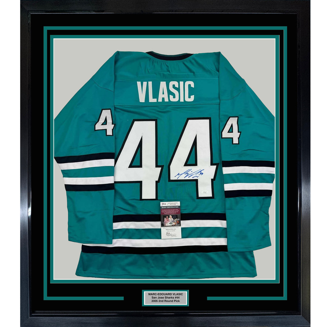 Framed Autographed/Signed Marc-Edouard Vlasic 35x39 San Jose Teal Jersey JSA COA