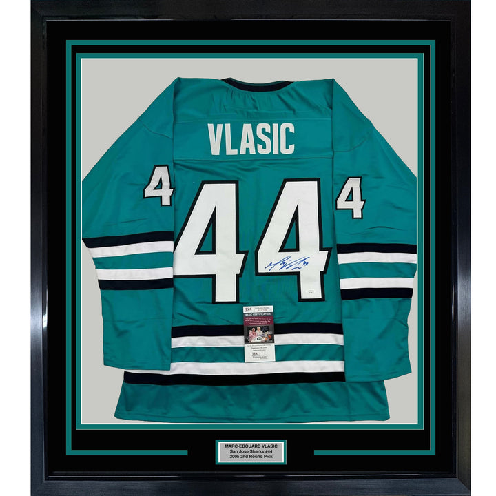 Framed Autographed/Signed Marc-Edouard Vlasic 35x39 San Jose Teal Jersey JSA COA