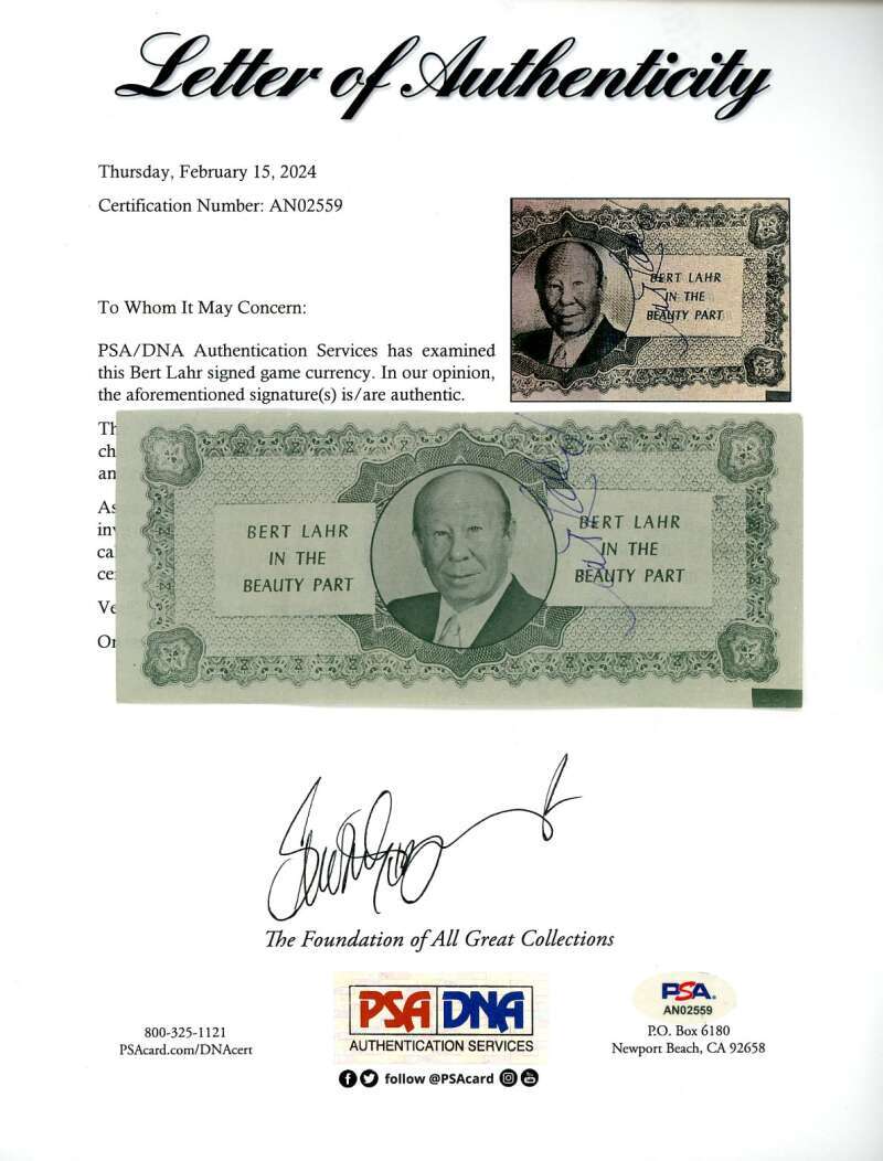 Bert Lahr PSA DNA Signed Play Money Wizard Oz Lion Autograph