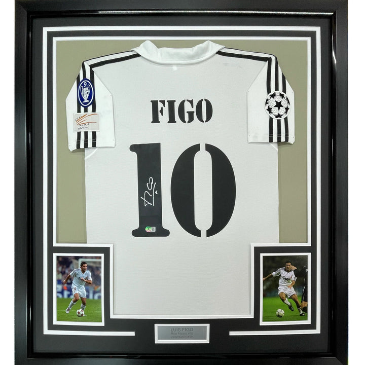 Framed Autographed/Signed Luis Figo 33x42 Real Madrid White Jersey BAS COA