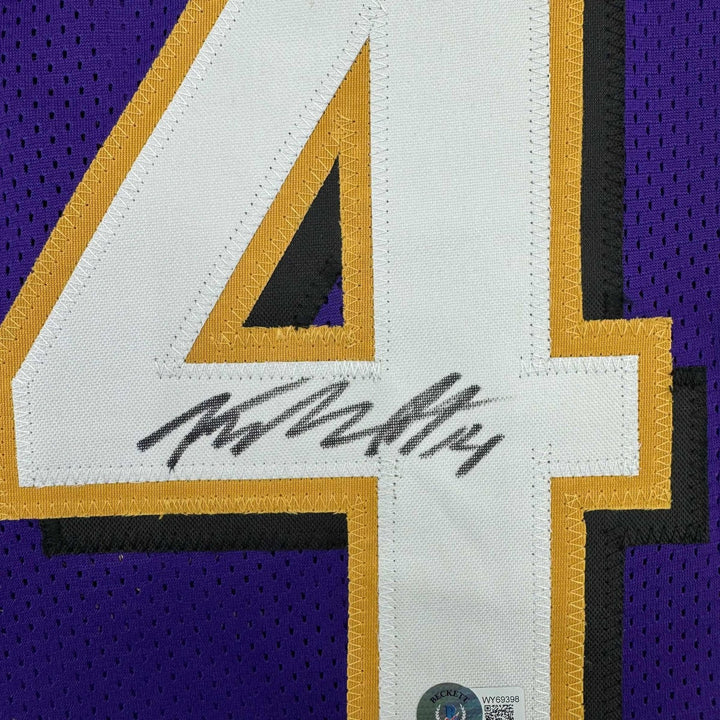 Framed Autographed/Signed Kyle Hamilton 35x39 Baltimore Purple Jersey COA