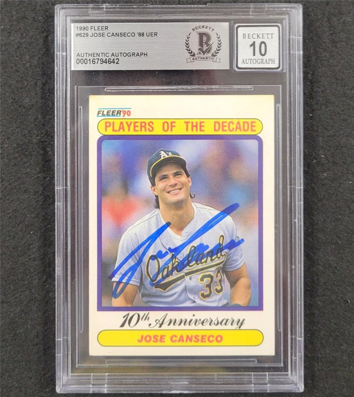 Jose Canseco signed 1990 Fleer Players of the Decade #629 card ~ BAS 10 auto