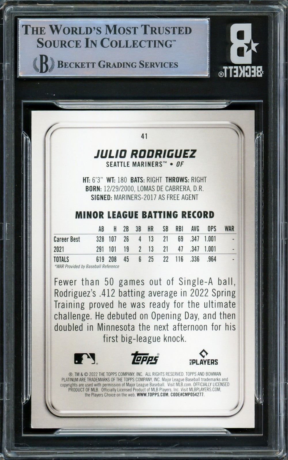 Julio Rodriguez Signed 2022 Bowman Platinum Ice Foil RC #41 Mariners Beckett