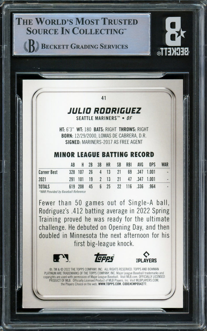 Julio Rodriguez Signed 2022 Bowman Platinum Ice Foil RC #41 Mariners Beckett
