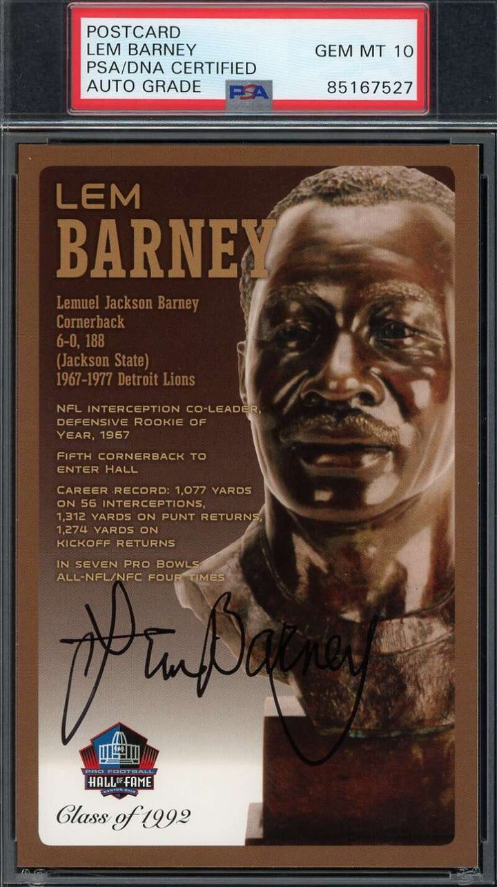 Lem Barney Gem Mint 10 PSA DNA Signed HoF Bronze Bust Postcard /150 Autograph
