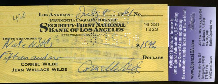 Cornell Wilde Signed Jsa Certed Check Authentic Autograph