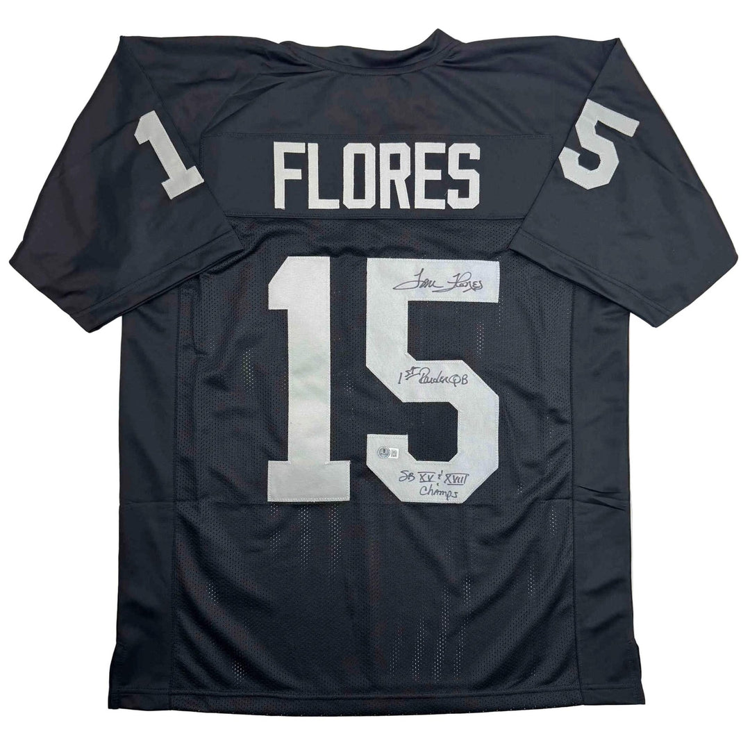 Autographed/Signed Tom Flores Las Vegas Oakland Black Jersey Beckett BAS COA