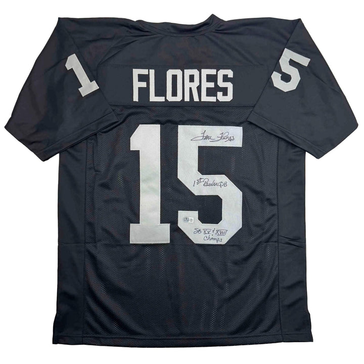 Autographed/Signed Tom Flores Las Vegas Oakland Black Jersey Beckett BAS COA