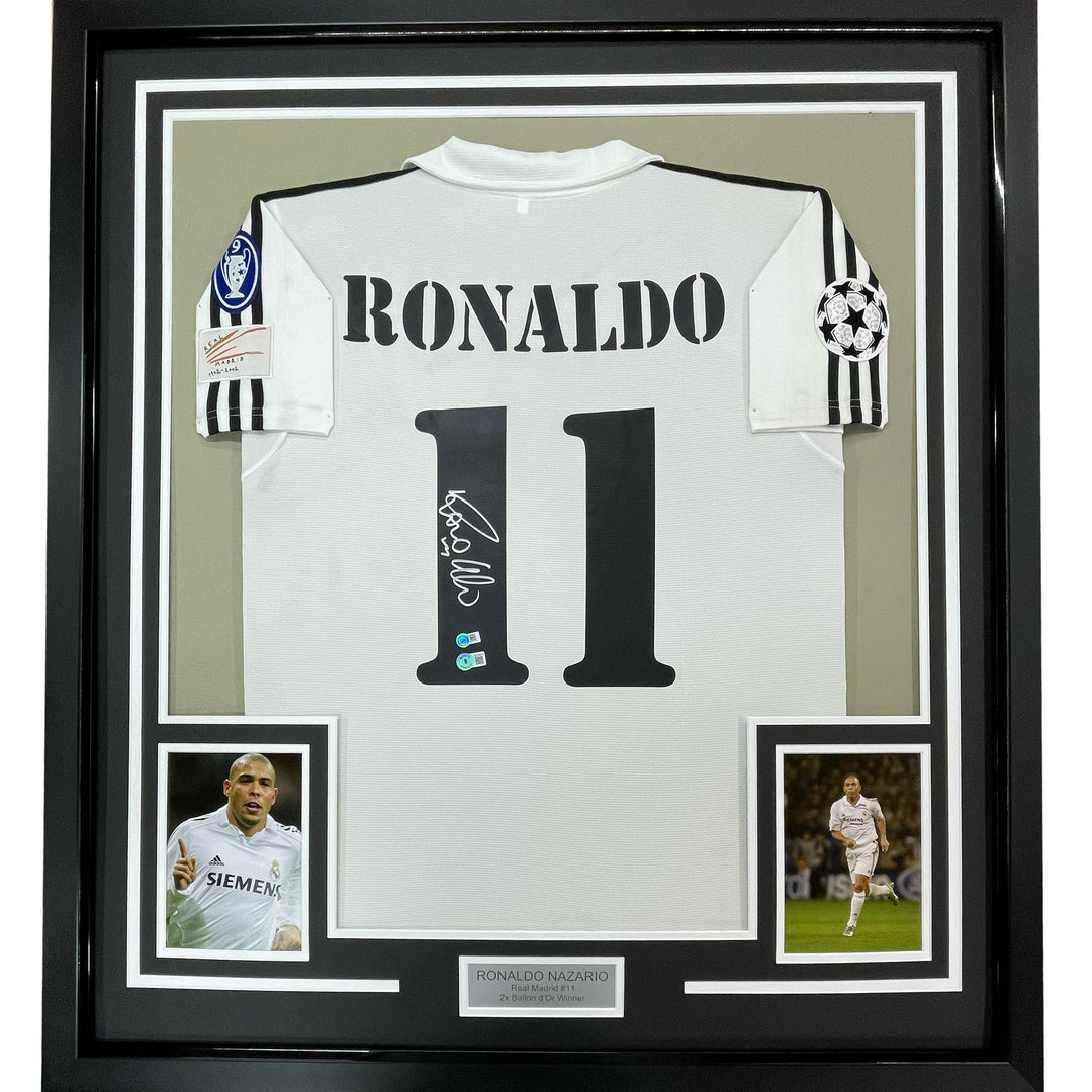 Framed Autographed/Signed Ronaldo Nazario 33x42 Real Madrid White Jersey BAS COA