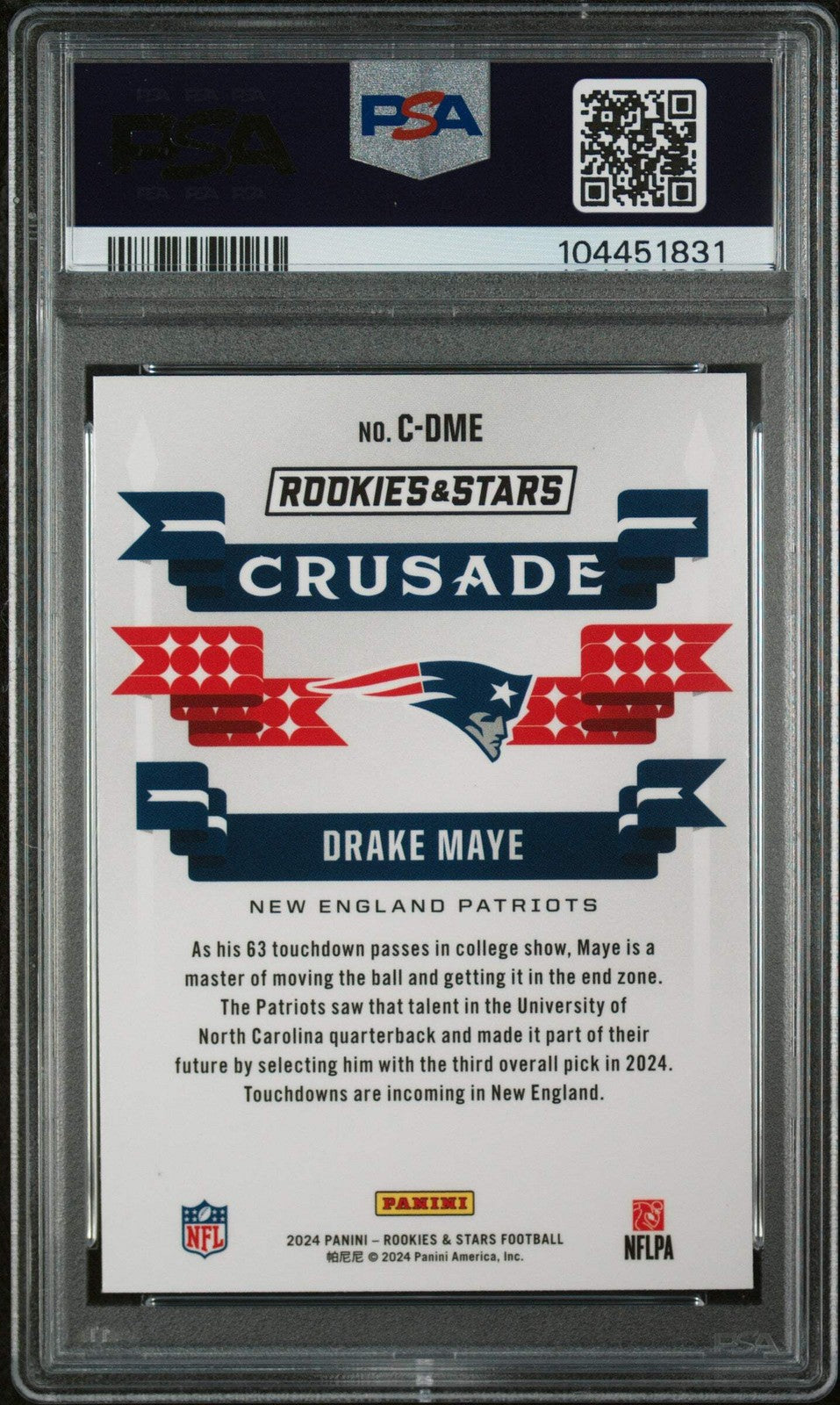 Graded 2024 Panini R&S Drake Maye #CDME Crusade Rookie RC Football Card PSA 10