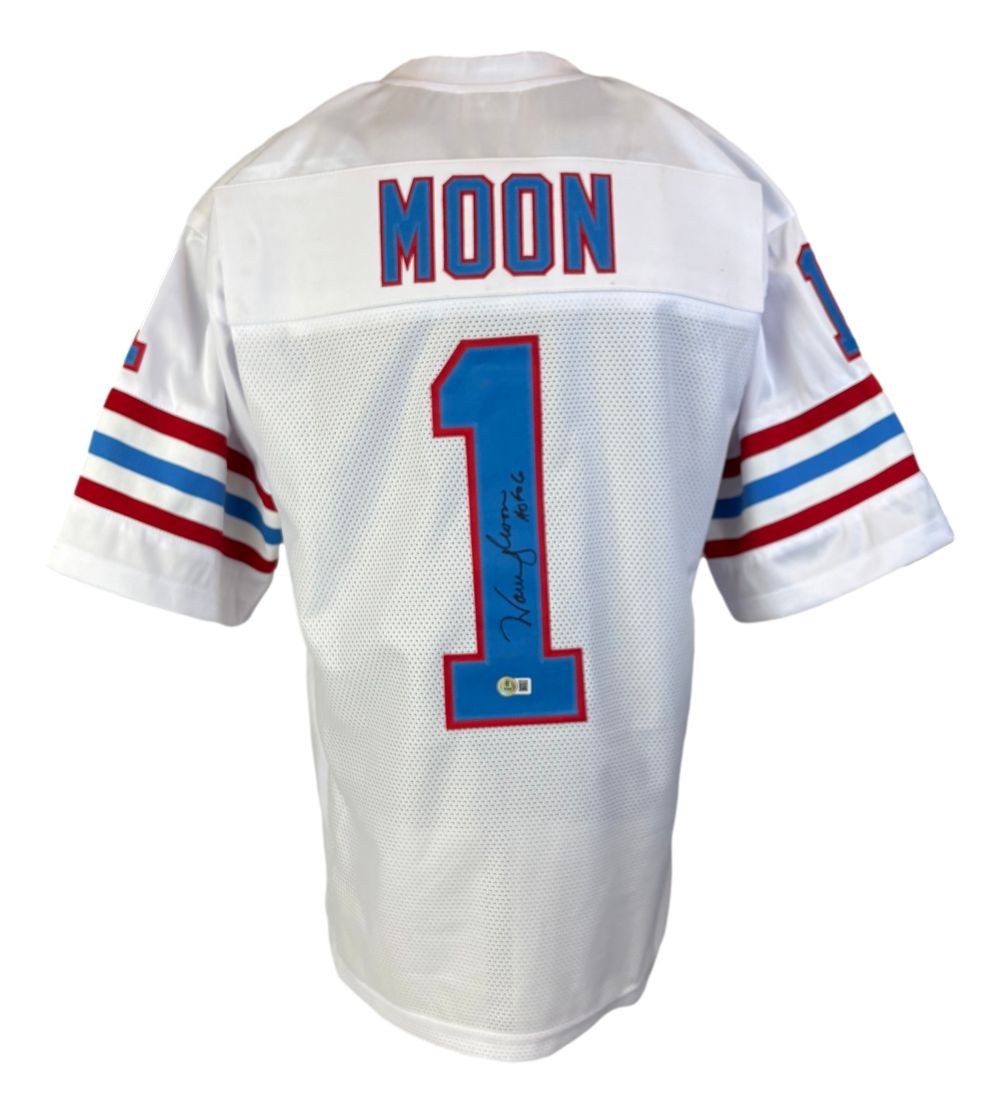 Warren Moon Houston Signed White Football Jersey HOF 06 Inscribed BAS