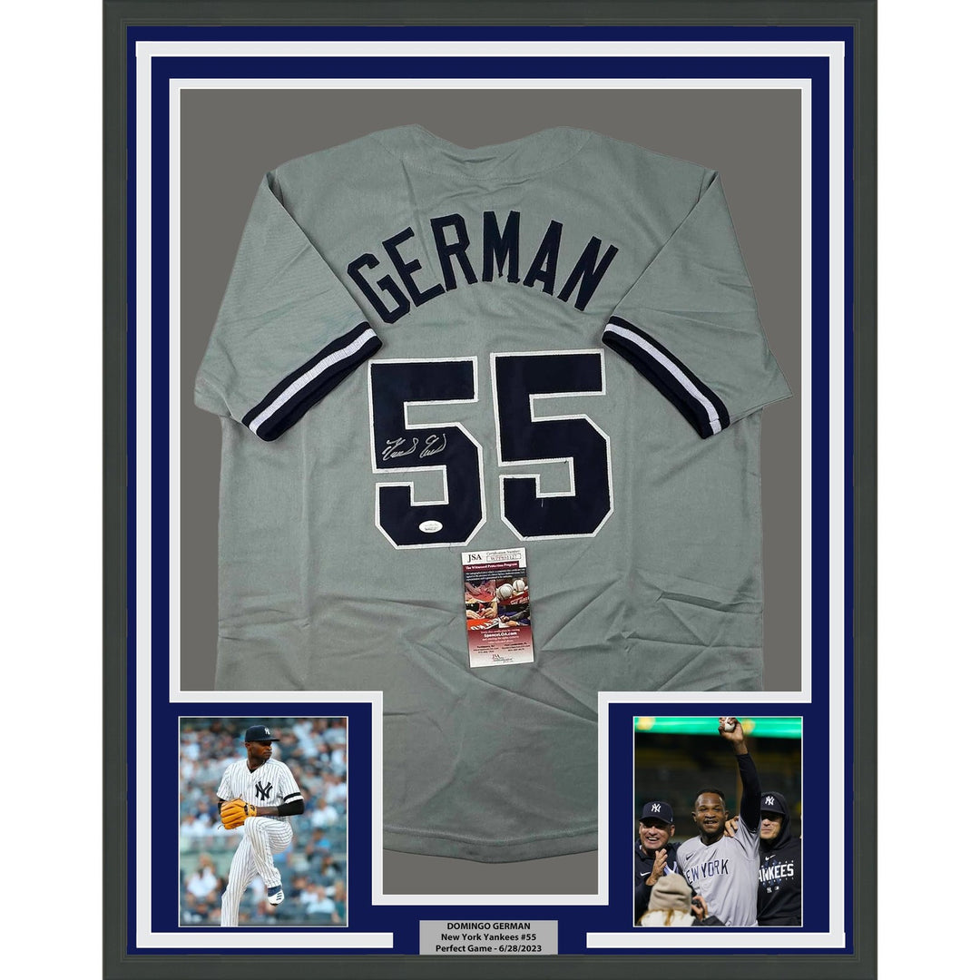 Framed Autographed/Signed Domingo German 35x39 New York Grey Jersey JSA COA