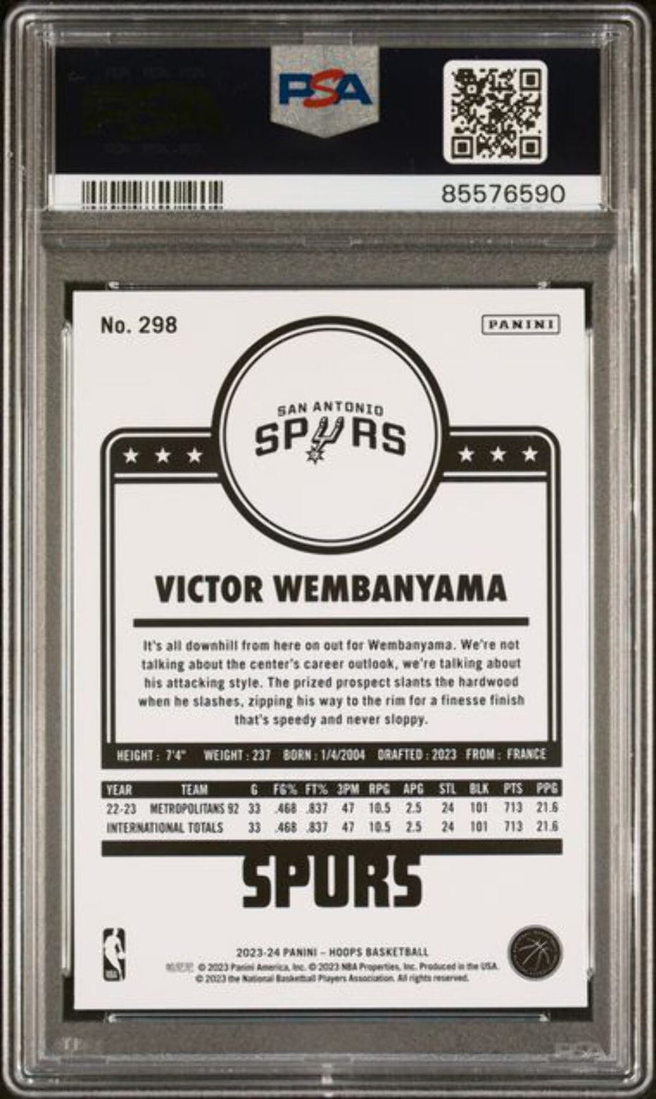 Graded 2023 Panini Hoops Victor Wembanyama #298 Rookie RC Basketball Card PSA 10