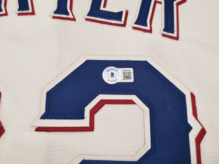 Rangers Evan Carter Signed White Nike Jersey Size M "23 WS Champs" Beckett Wit