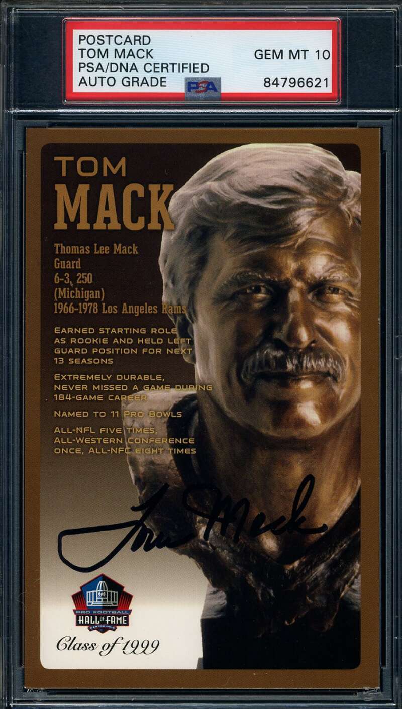 Tom Mack Gem Mint 10 PSA DNA Signed HOF Bronze Bust Postcard Autograph