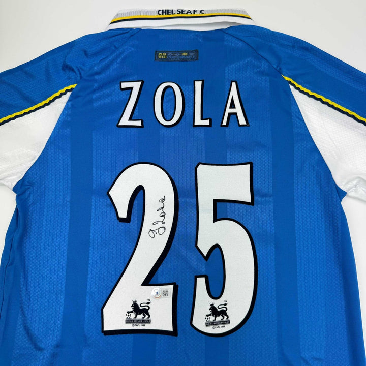 Autographed/Signed Gianfranco Zola Chelsea FC Blue Jersey Beckett BAS COA