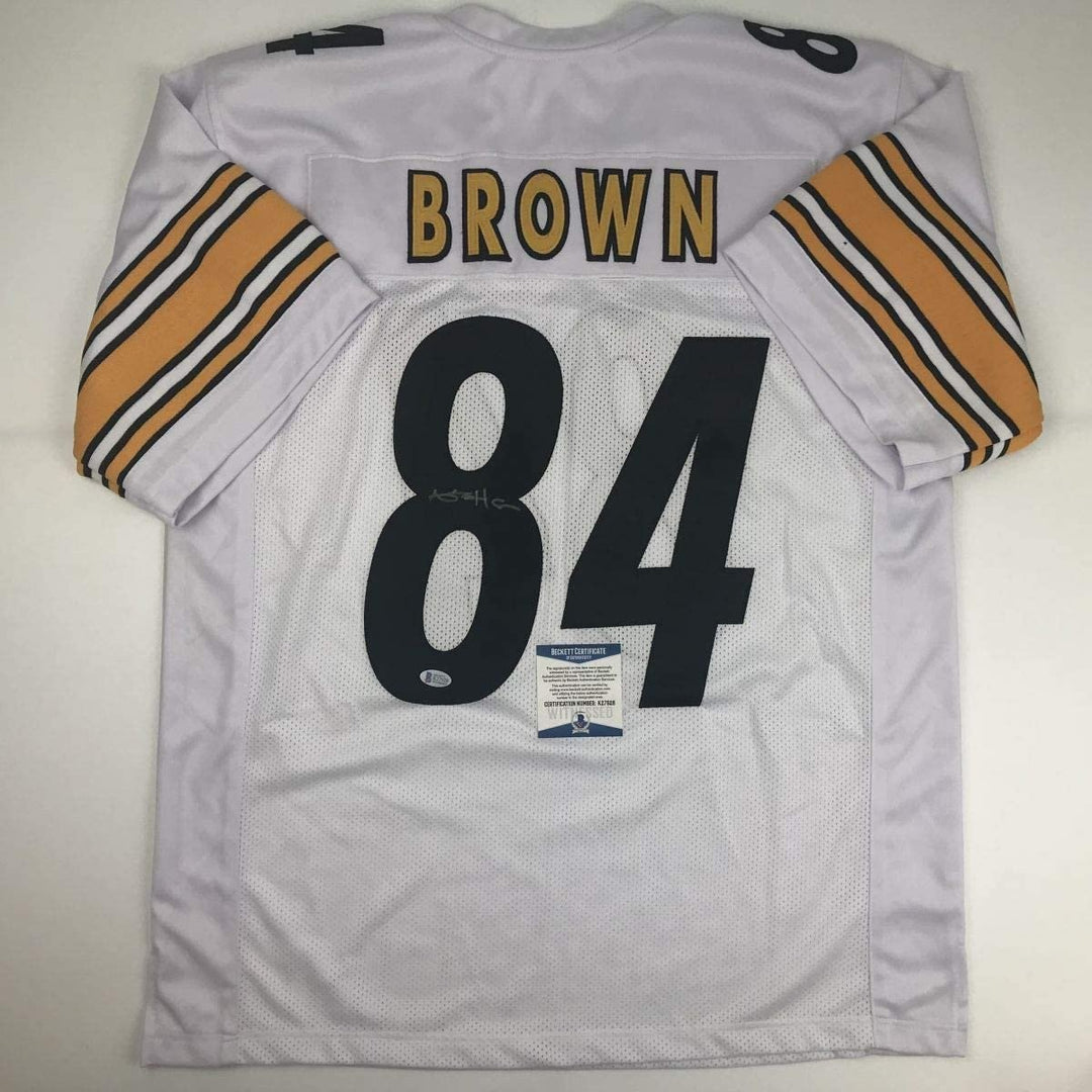 Autographed/Signed Antonio Brown Pittsburgh White Jersey Beckett BAS COA