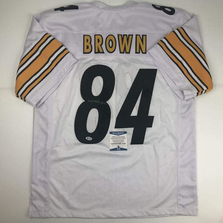 Autographed/Signed Antonio Brown Pittsburgh White Jersey Beckett BAS COA