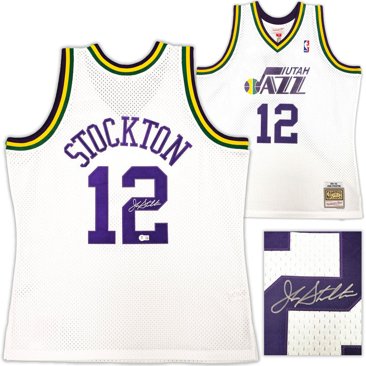Jazz John Stockton Auto White Auth Mitchell Ness 91 HWC Swingman Jersey XL BAS