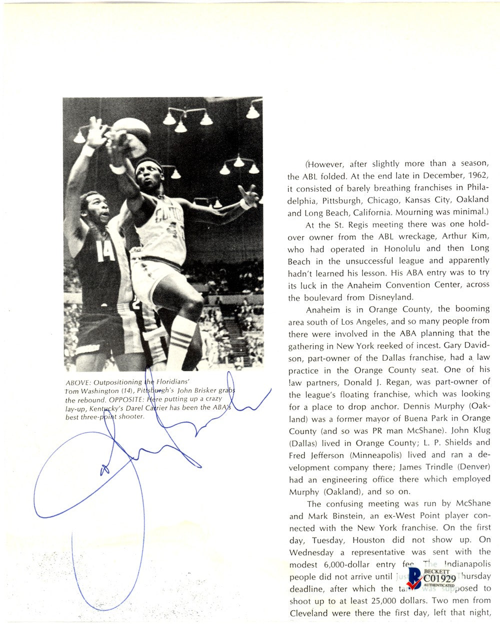 John Brisker Signed 7.5x9 Magazine Page Pittsburgh Condors Beckett