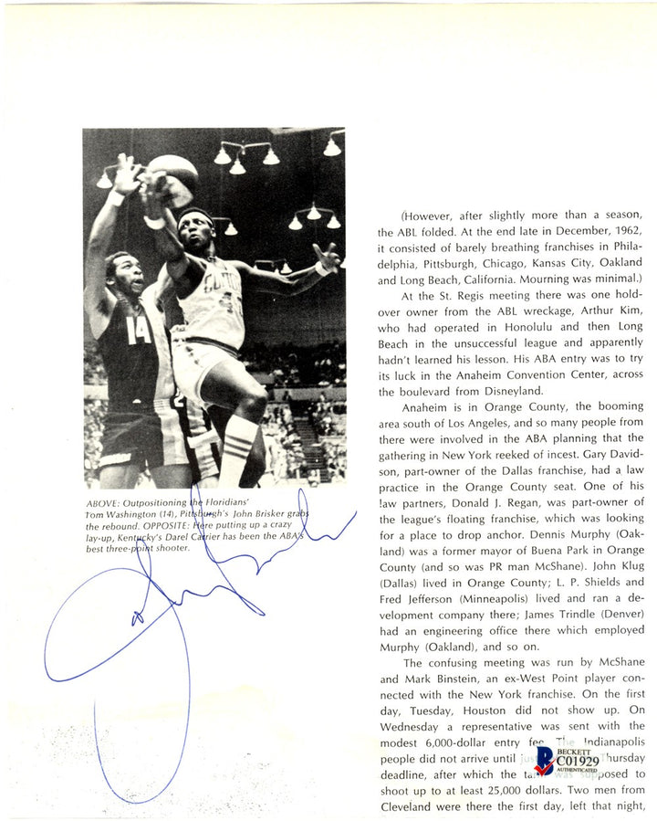 John Brisker Signed 7.5x9 Magazine Page Pittsburgh Condors Beckett