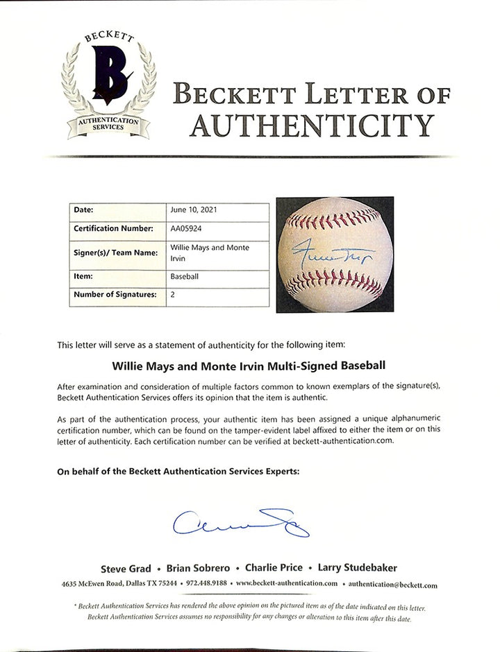 Willie Mays Monte Irvin Dual Signed Giants Baseball BAS LOA AA05924