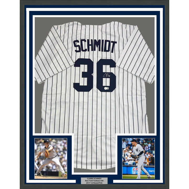 Framed Signed Clarke Schmidt 35x39 New York Pinstripe Jersey COA