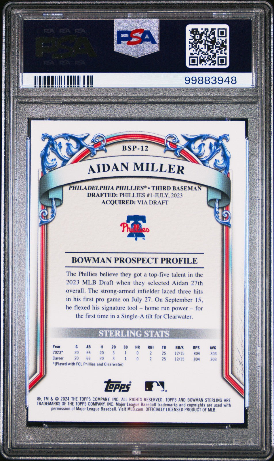 Graded 2024 Bowman Sterling Aidan Miller #BSP12 Prospects Card PSA 10