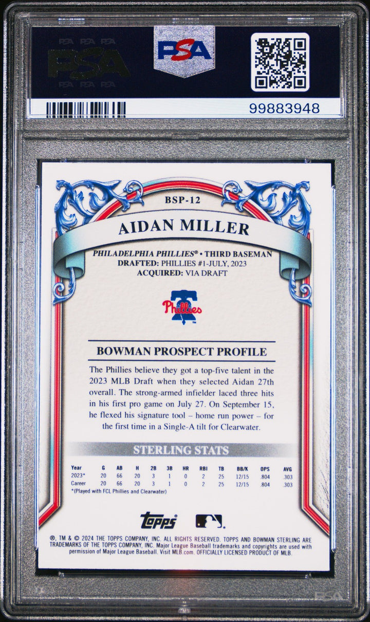 Graded 2024 Bowman Sterling Aidan Miller #BSP12 Prospects Card PSA 10