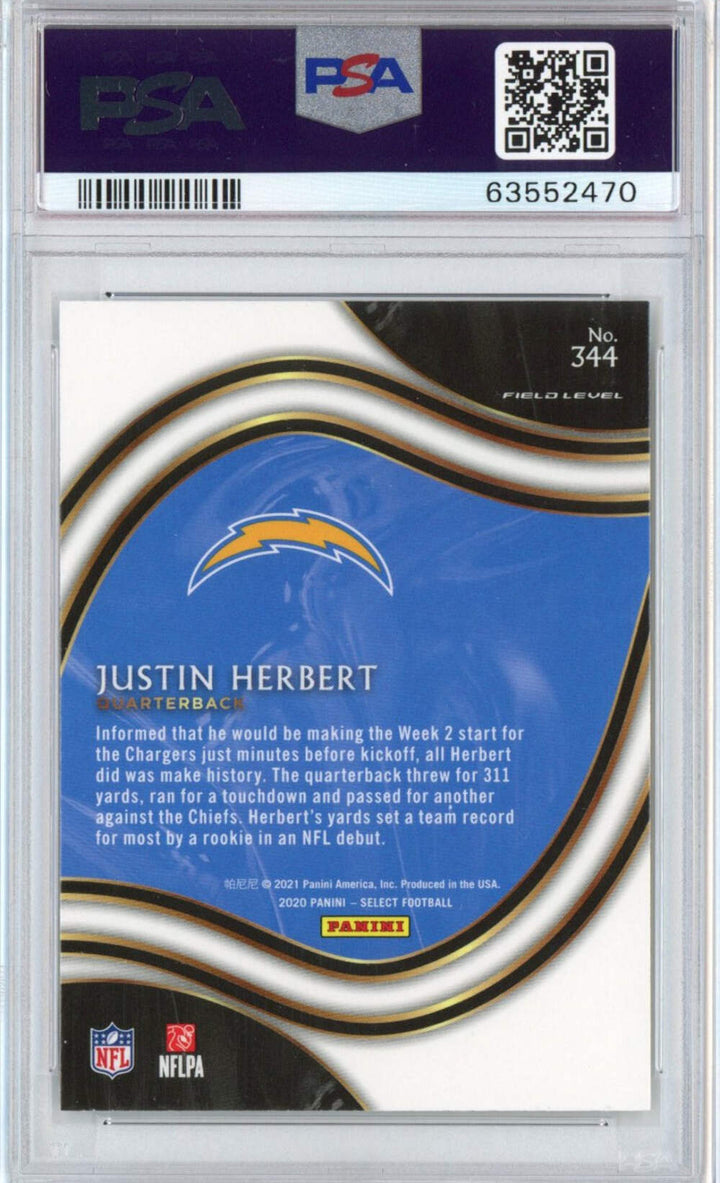 Graded 2020 Panini Select Justin Herbert #344 Certified Rookie RC Football Card