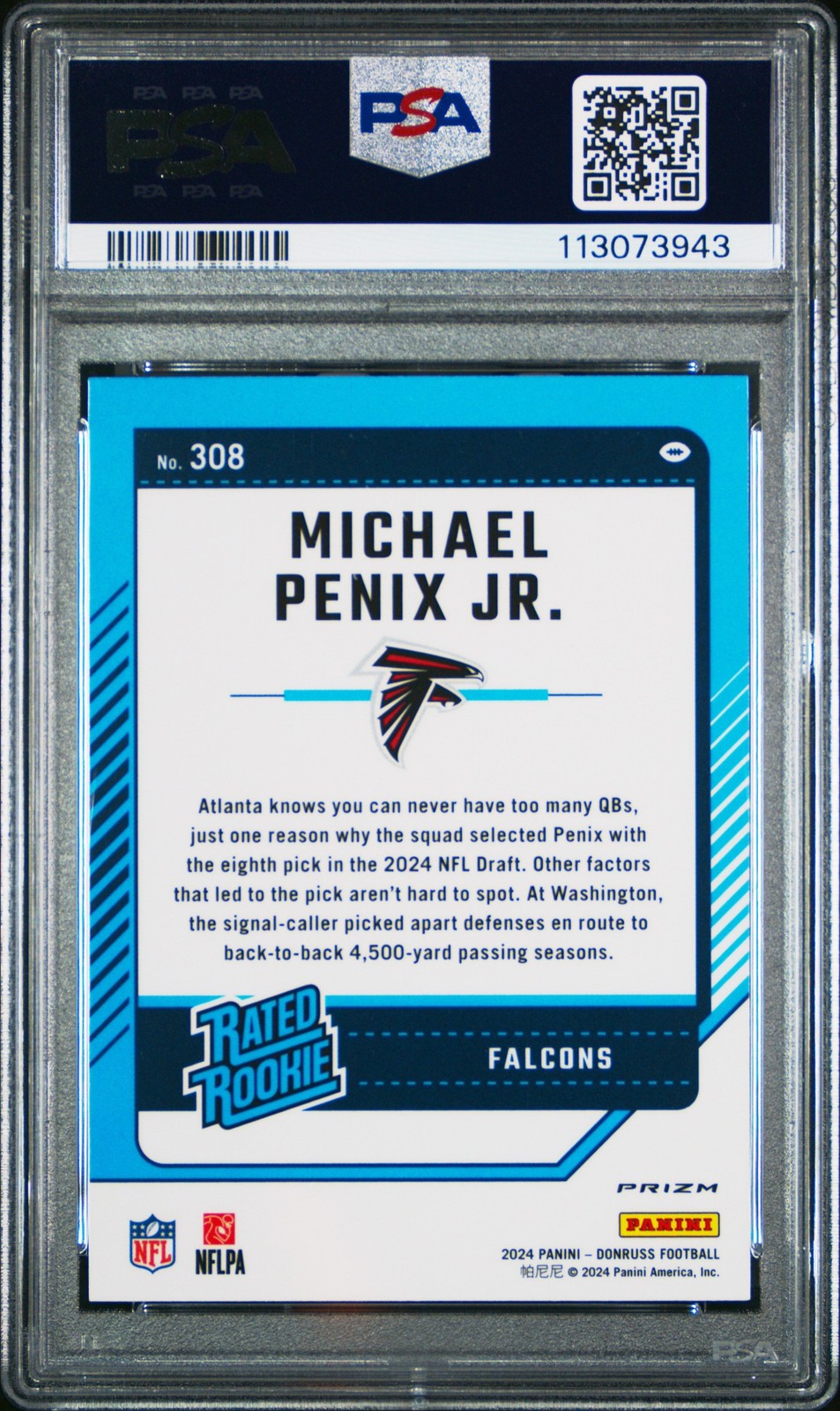 Graded 2024 Donruss Michael Penix Jr #308 Preview Pink RC Card PSA 10