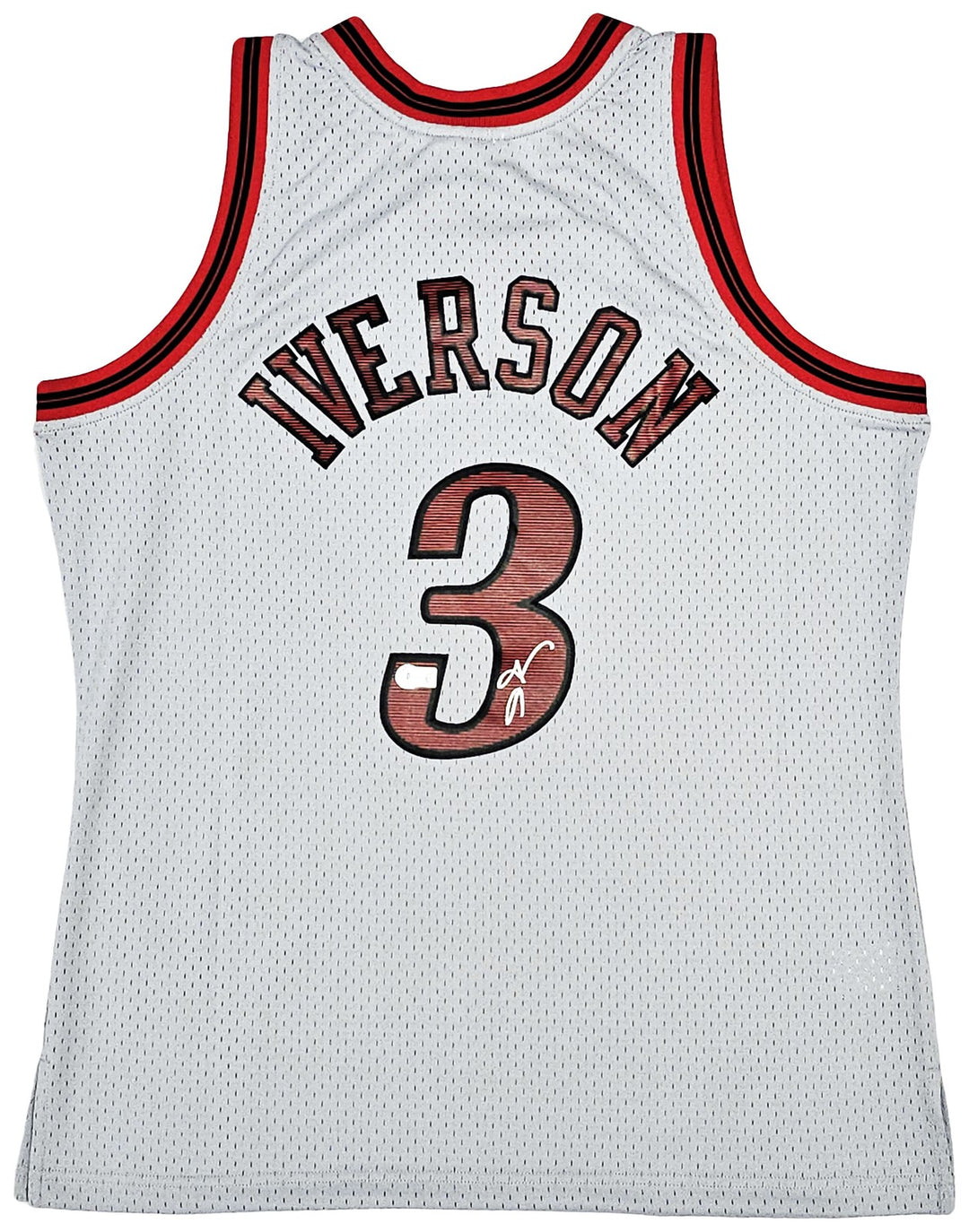 76ers Allen Iverson Auto Grey AUTH Mitchell Ness 97 HWC Swingman Jersey L BAS