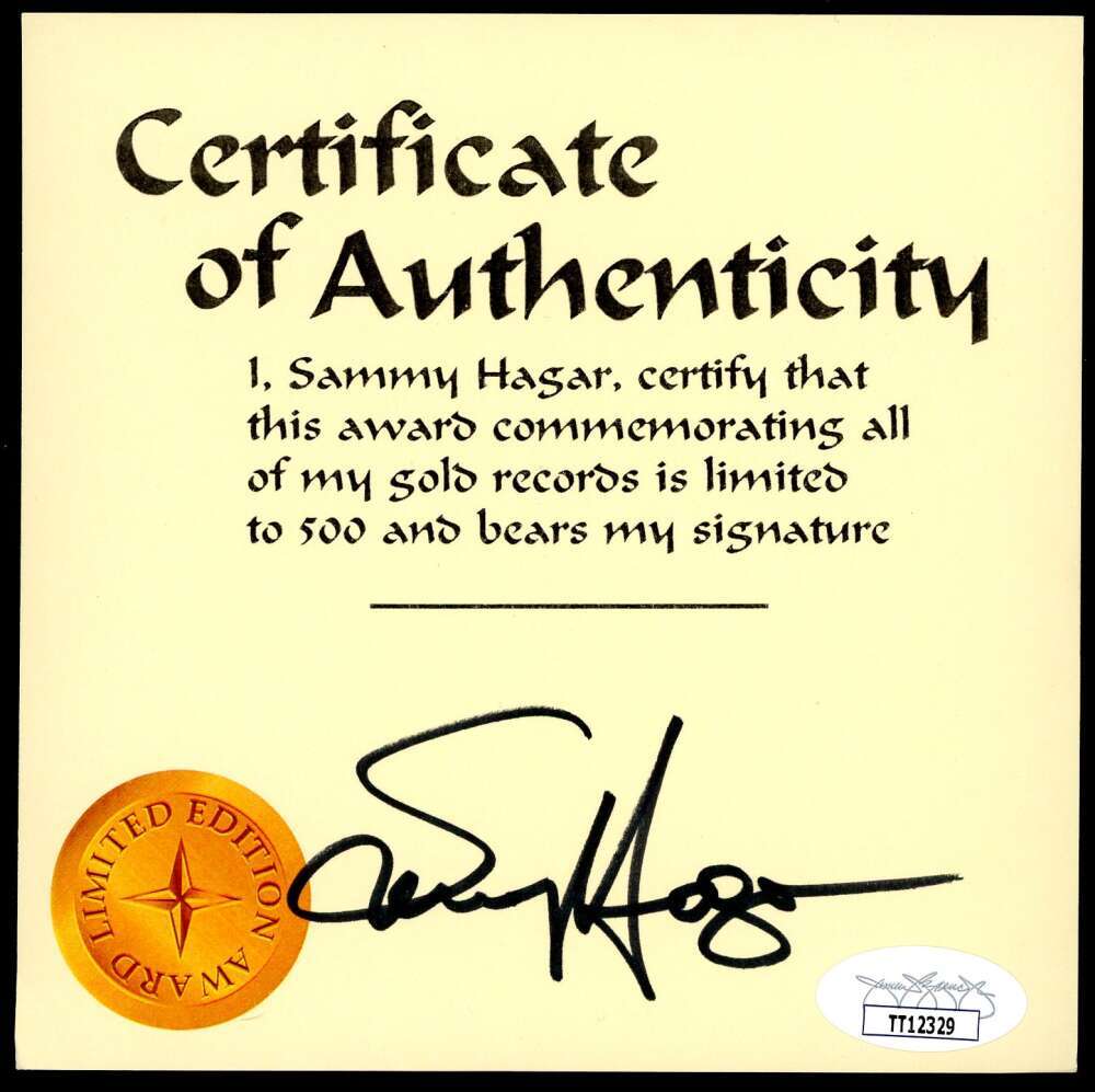 Sammy Hagar JSA Coa Signed 5x5 Award Certificate Autograph