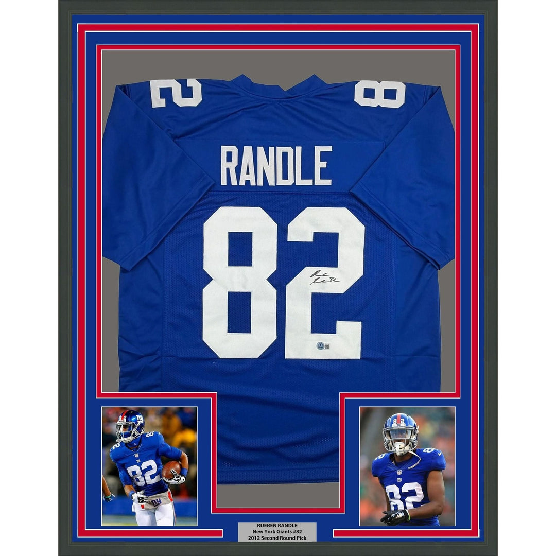 Framed Autographed/Signed Rueben Randle 35x39 New York Blue Jersey BAS COA