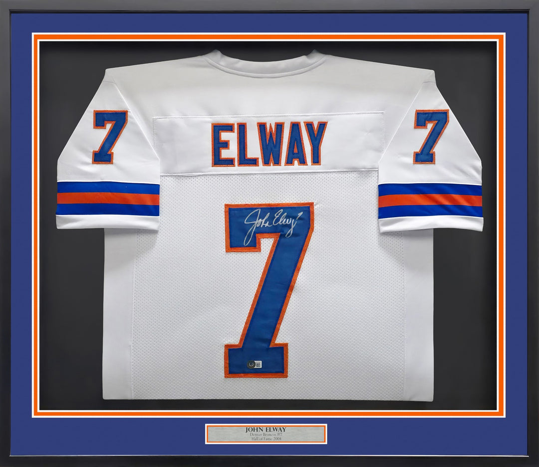 Denver Broncos John Elway Signed Framed White Jersey Beckett BAS Witness