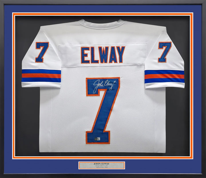 Denver Broncos John Elway Signed Framed White Jersey Beckett BAS Witness